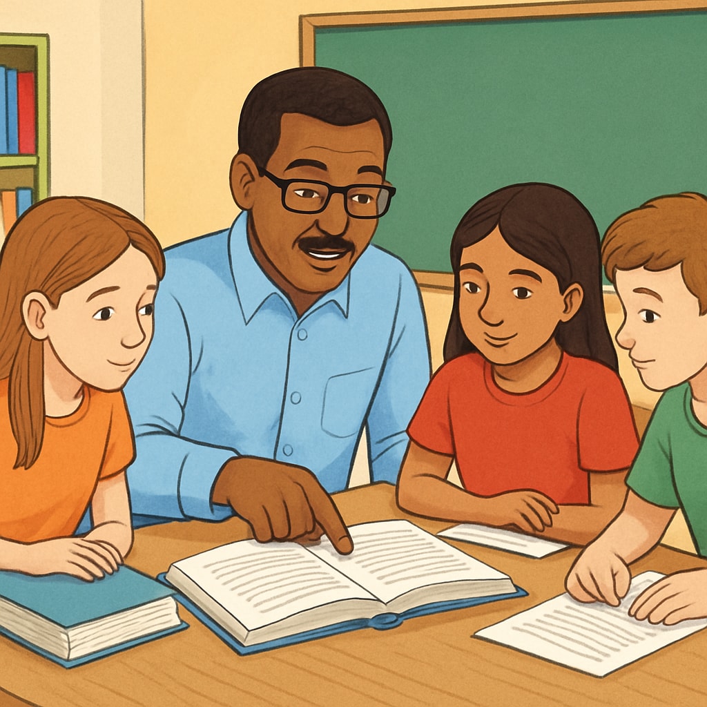An educator reviewing reading materials with students, highlighting the importance of text complexity and comprehension in classroom settings. Teacher discussing text complexity with students in a classroom setting.