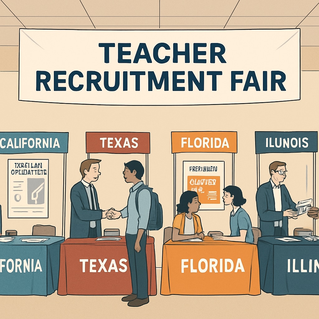 A teacher recruitment fair with booths representing different states, highlighting the competition for qualified educators. Teacher recruitment fair showcasing competition among states for educators.