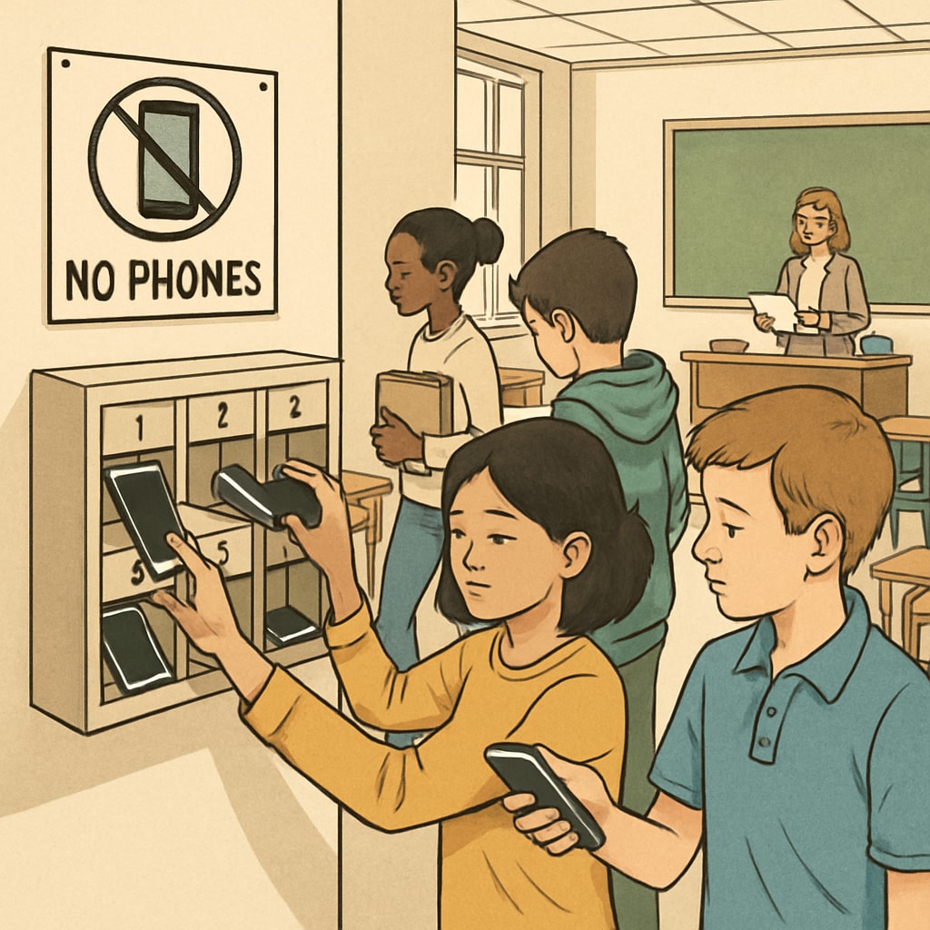 A classroom setting in a public school with students storing phones in lockers. The image illustrates the strict phone policy in public schools. Public school students storing phones in lockers as part of mobile phone bans.