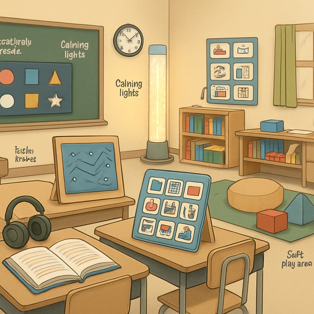 A classroom tailored for special needs students, featuring sensory-friendly tools and adaptive learning materials. A special needs classroom with sensory-friendly tools and learning aids.