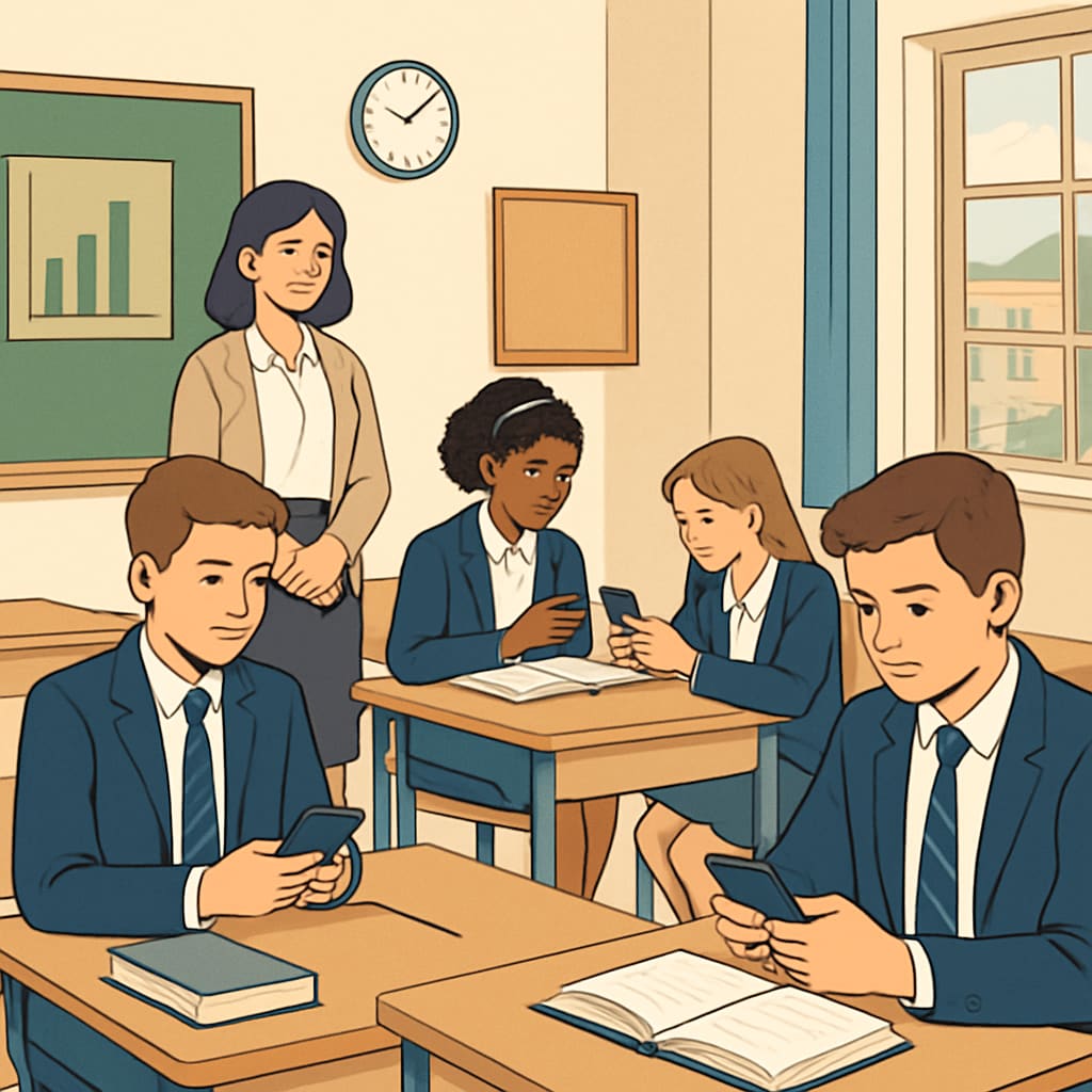 Students in a private school using phones responsibly during a classroom activity. The image highlights the flexible approach to technology use in private schools. Private school students using phones responsibly in a classroom activity, showcasing balanced phone policies.