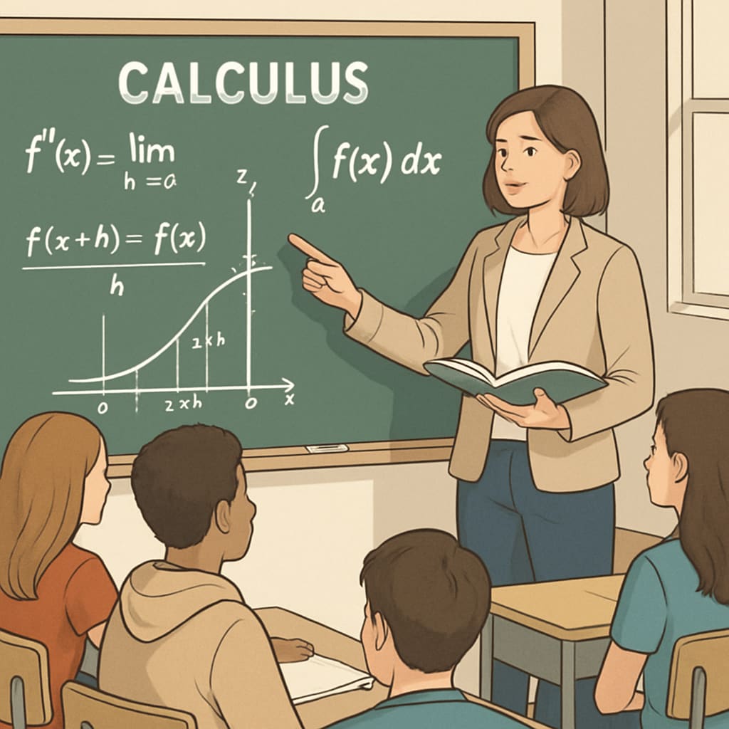 A teacher explaining calculus concepts to high school students in a classroom setting. A teacher teaching high school mathematics, focusing on calculus concepts.