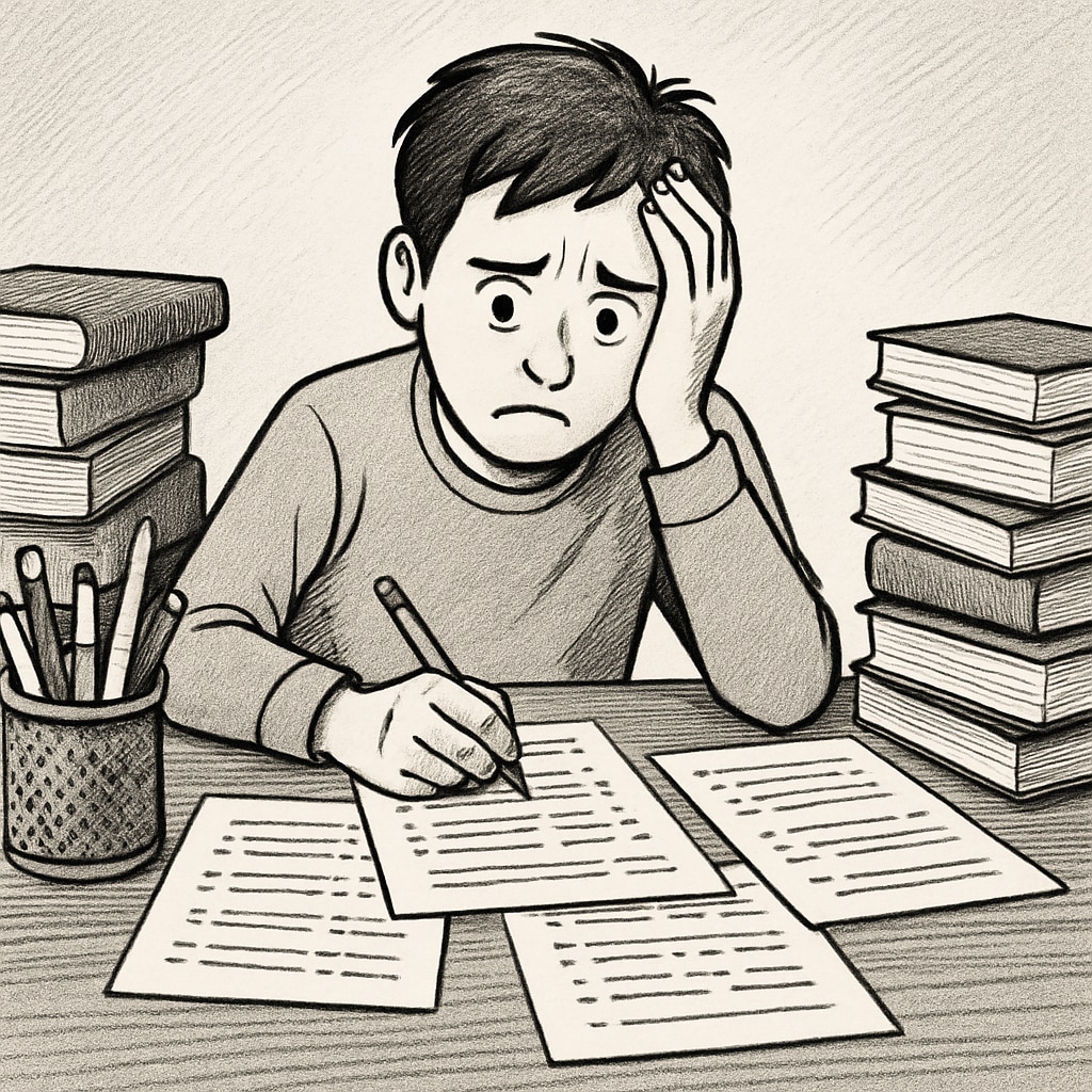 A stressed student sitting at a desk with exam papers spread around, symbolizing the pressure of academic anxiety. A student experiencing academic anxiety while preparing for GCSE exams, with scattered papers on a desk.