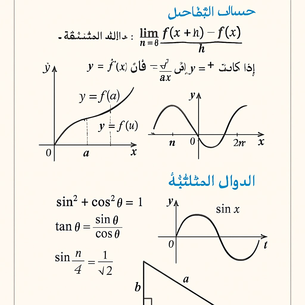 A visual representation of a simplified Arabic-language mathematics textbook page, focusing on calculus and trigonometry. Simplified Arabic-language mathematics textbook page for high school students.