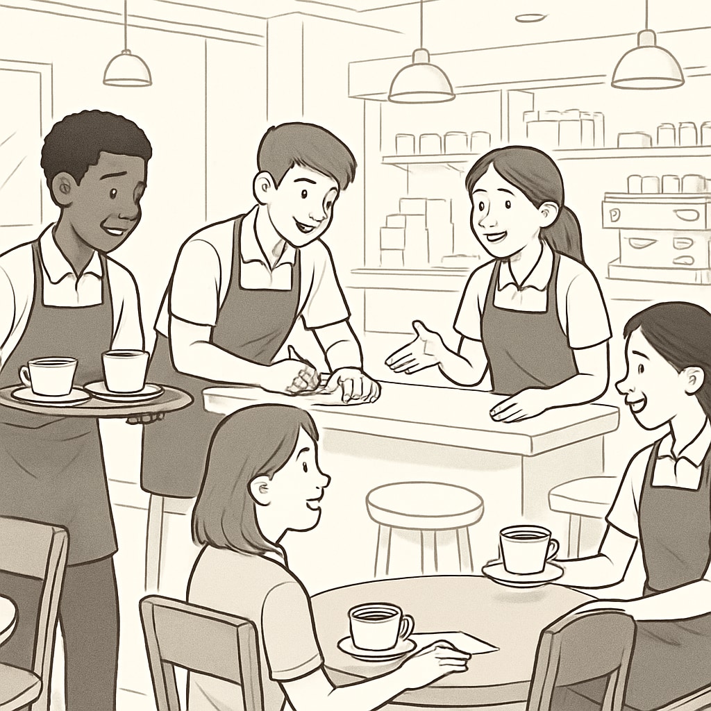 A group of high school students working in a café, showcasing teamwork and customer service skills. High school students working in a café, balancing work and academics.