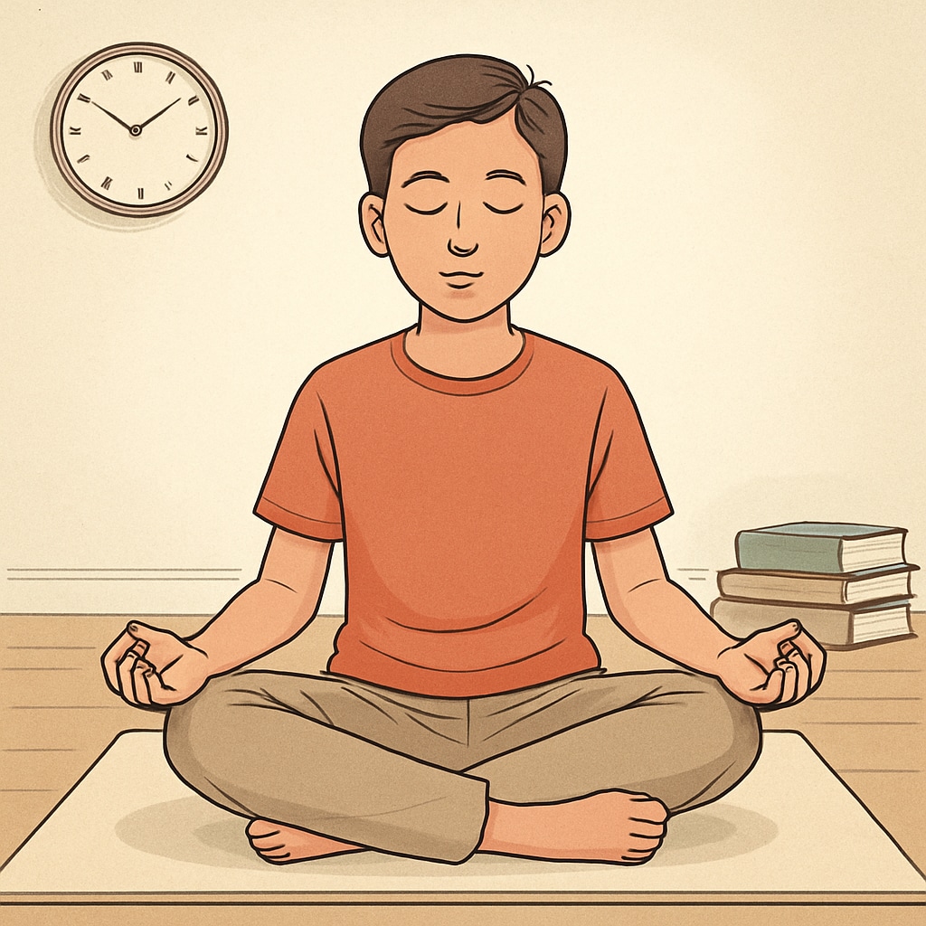 A student practicing mindfulness through meditation, symbolizing stress management techniques for exam anxiety. A student meditating to manage stress and anxiety related to GCSE results and academic pressure.