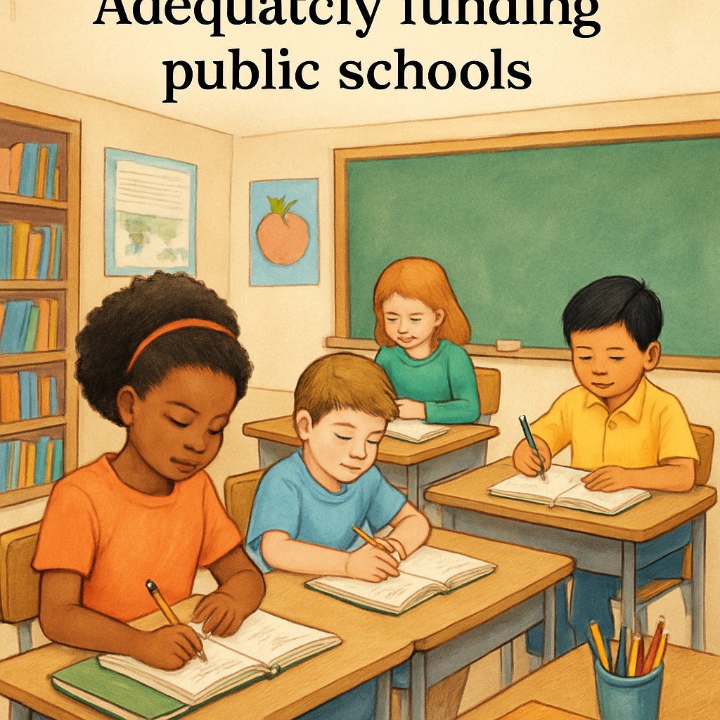 A classroom with children sitting at desks, showcasing the importance of funding public schools adequately. Classroom highlighting the need for adequate public school funding.