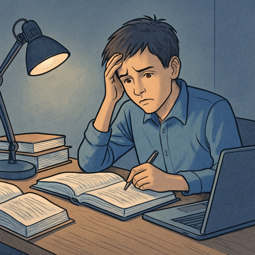 A stressed high school student studying late at night with textbooks and a laptop, illustrating the challenges of balancing work and academics. Stressed high school student studying late at night, facing work and academic struggles.