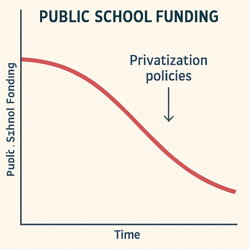A graph showing the decline in public school funding over time, illustrating the impact of privatization policies. Graph depicting the reduction in public school funding due to privatization.