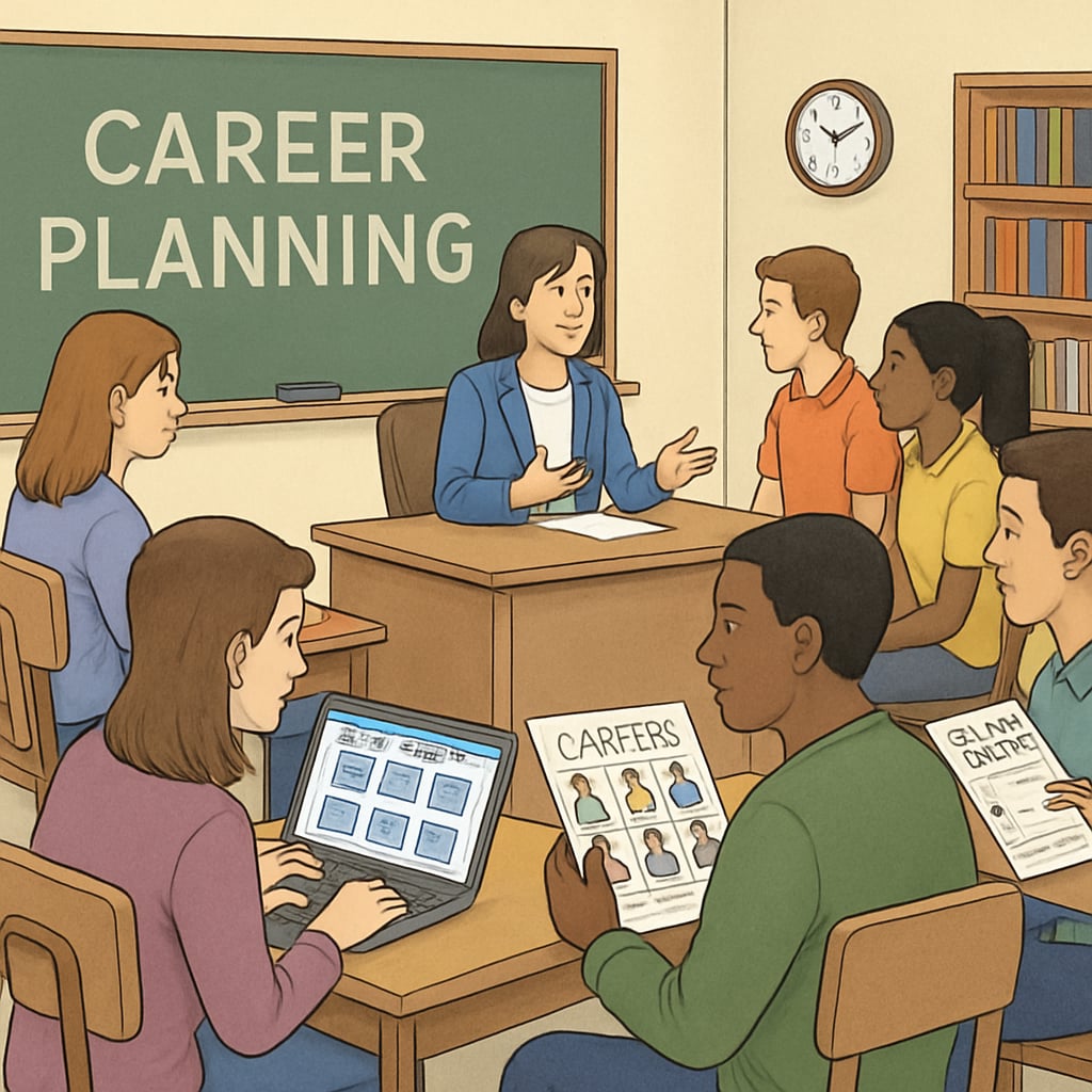 A classroom setting showing students engaging in career planning activities, such as using career exploration tools or discussing their goals with a counselor. Career planning activities for K12 students, emphasizing university and IT majors.