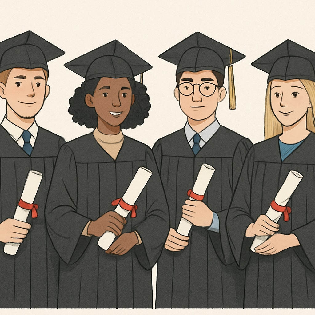 A group of high school graduates with diplomas in hand, symbolizing diverse educational paths. High school graduates holding diplomas, representing educational choices.