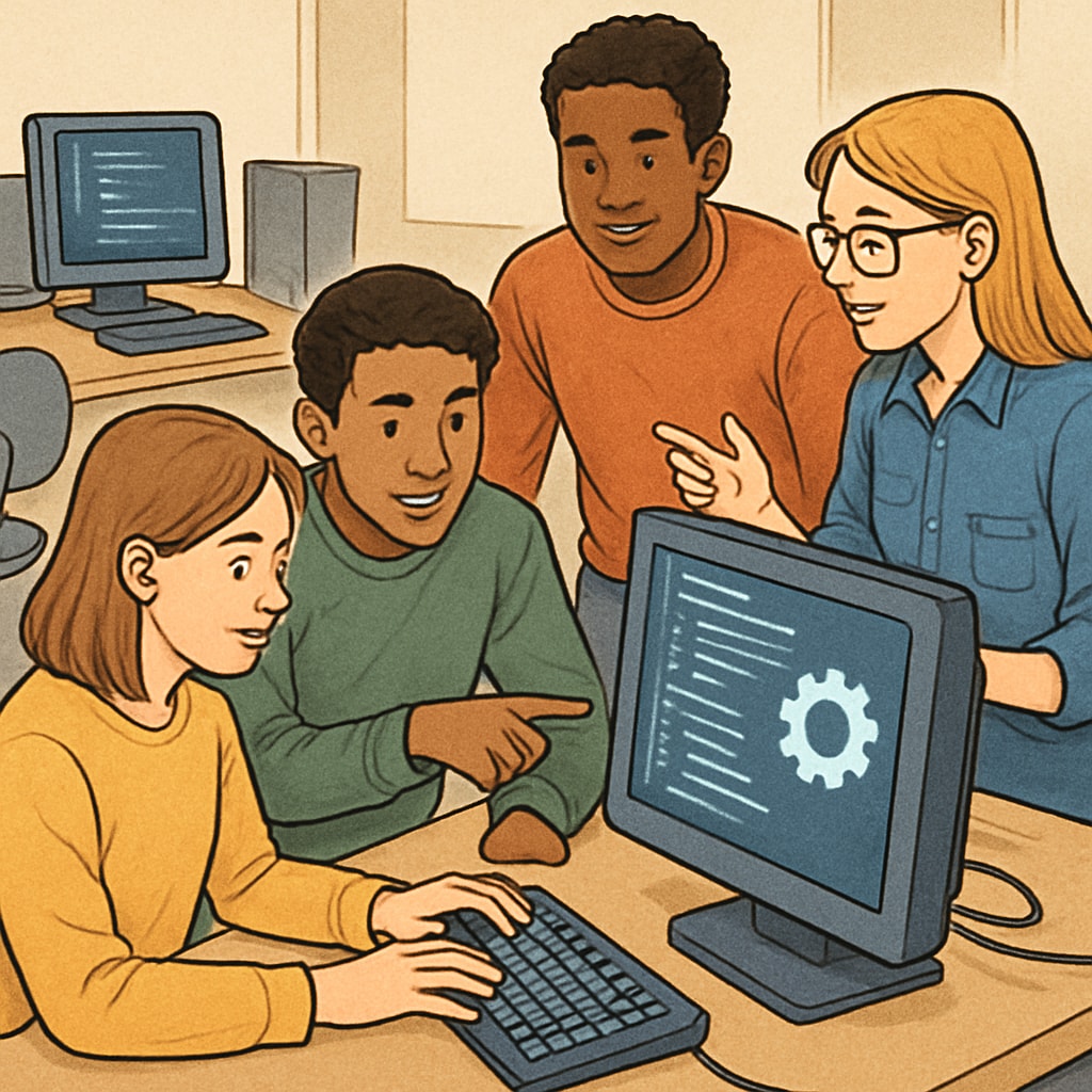 Students collaborating on a coding project in a computer lab, showcasing teamwork and problem-solving skills in an IT-focused environment. Students working on IT-related projects, preparing for majors in technology and coding careers.