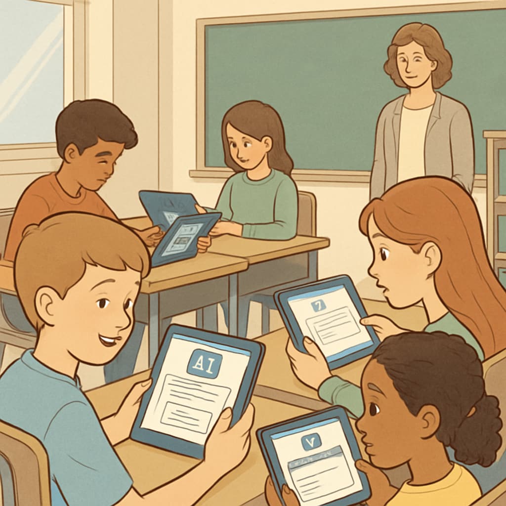 A classroom scenario showing students using AI tools on tablets, emphasizing both learning and potential misuse. Students using AI tools in a classroom, illustrating both educational benefits and ethical concerns.