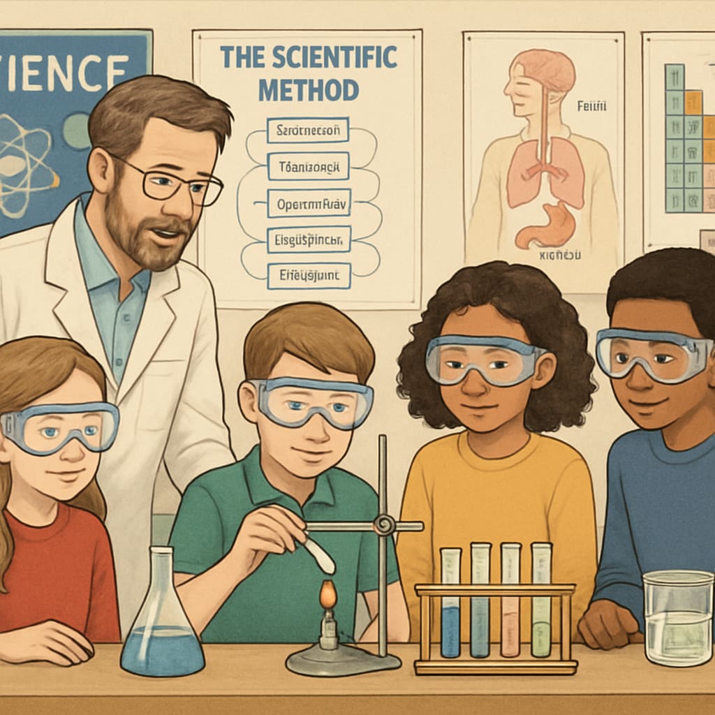 A science teacher leading a hands-on experiment with middle school students in a classroom. Middle school science teacher conducting an experiment with students, illustrating OpenSciEd's interactive approach.