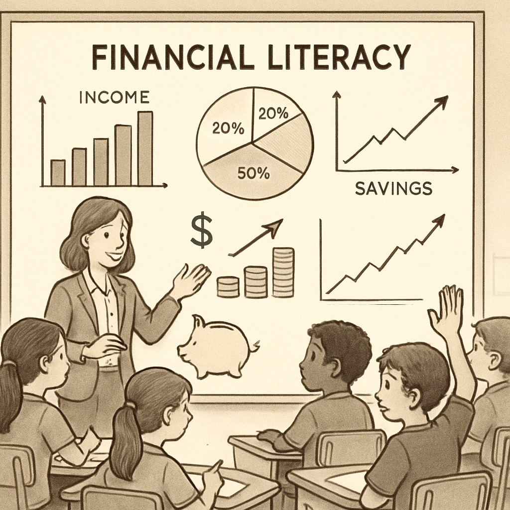 A classroom of K-12 students engaged in a financial literacy workshop, with charts and graphs displayed on a whiteboard. K-12 students learning financial literacy concepts with visual aids.