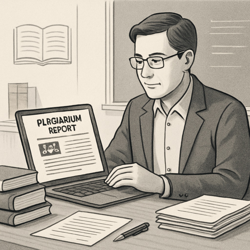 A teacher reviewing a plagiarism detection report on a laptop, highlighting the importance of maintaining academic integrity. Teacher using plagiarism detection tools to ensure academic integrity in AI-supported learning.