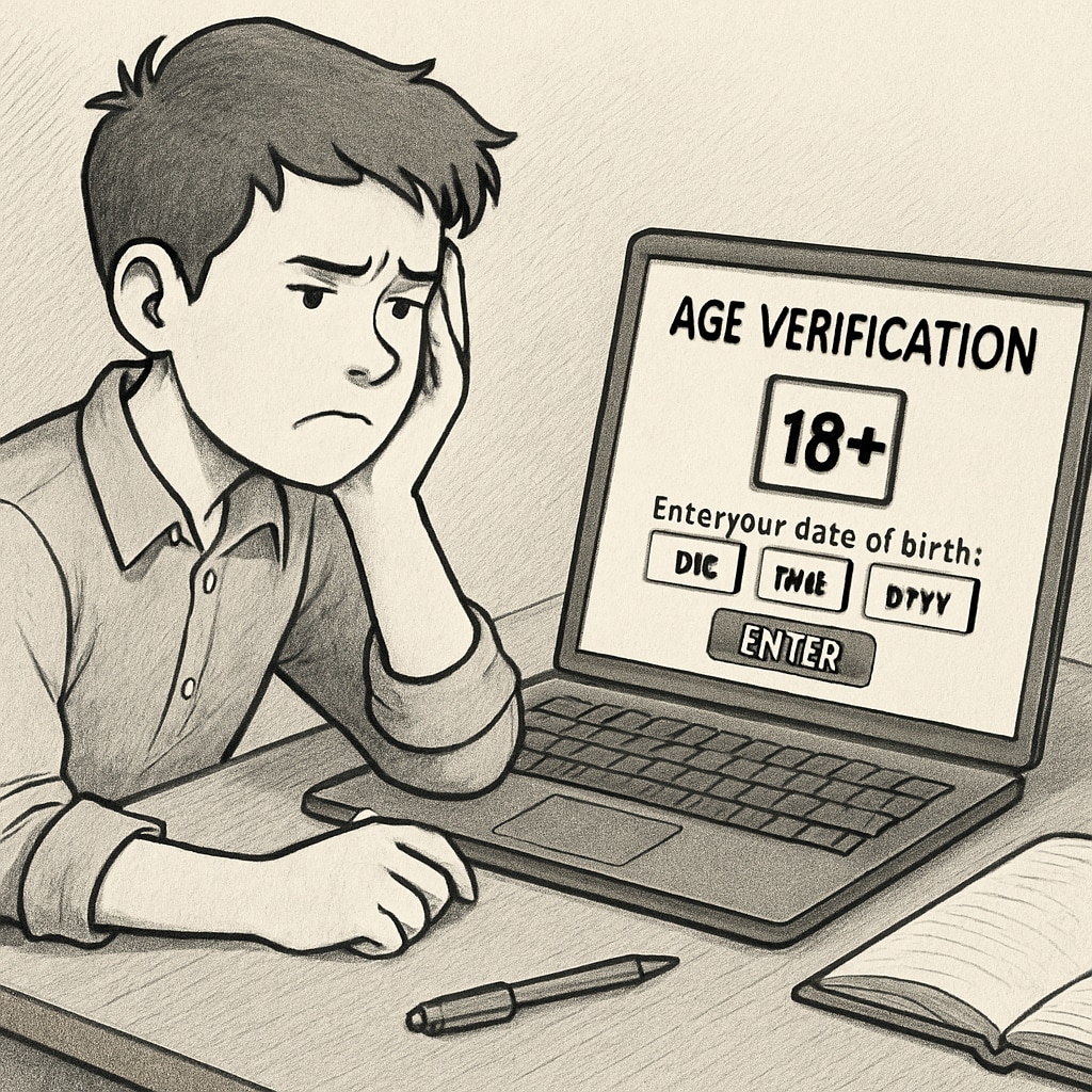 A student sitting in front of a laptop, looking frustrated as they encounter an age verification prompt. Frustrated student facing age verification prompt on a laptop screen.