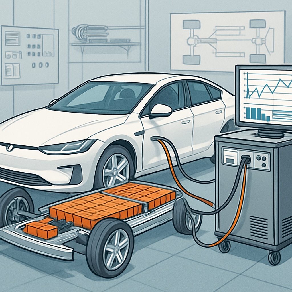 A modern electric vehicle undergoing battery diagnostics in a high-tech automotive lab. Electric vehicle diagnostics showcasing the importance of electrical learning in automotive careers.