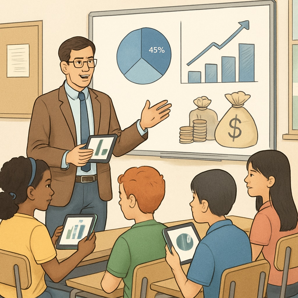 A guest speaker presenting financial concepts to middle school students using interactive tools like tablets and visuals. Guest speaker teaching financial literacy to students using modern tools.