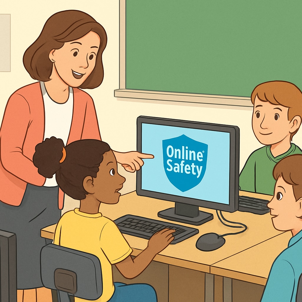 A teacher guiding students in a computer lab, discussing safe internet practices. Teacher helping students understand internet safety in a classroom setting.