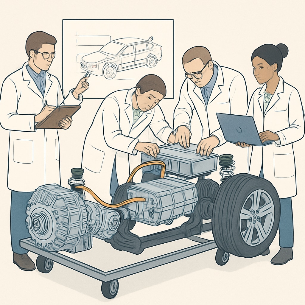 A group of automotive engineers collaborating on an electric powertrain prototype. Engineers discussing electric powertrain design, emphasizing cross-disciplinary skills.