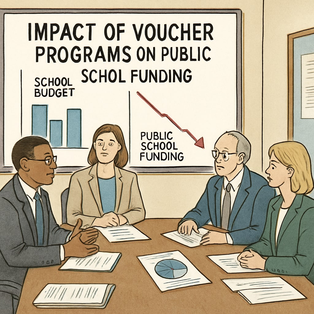 A school board meeting where officials discuss financial challenges due to voucher programs, highlighting the impact on public school funding. School board meeting discussing challenges from school voucher programs