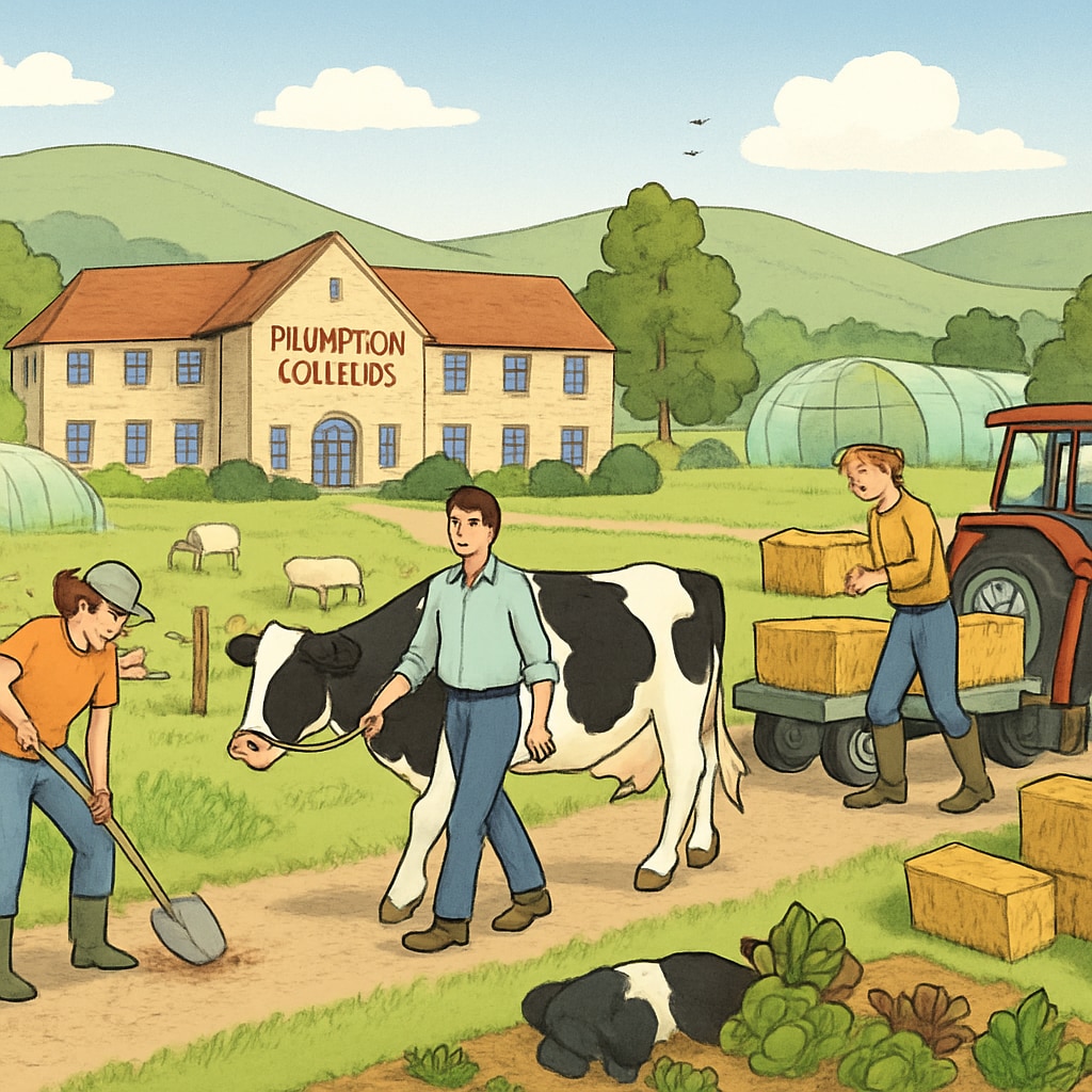 A scenic view of Plumpton College campus with students engaging in agricultural activities. Plumpton College campus with students participating in agricultural tasks.