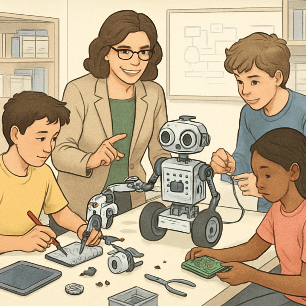 Students collaborating on robotics projects guided by a dual-degree educator.