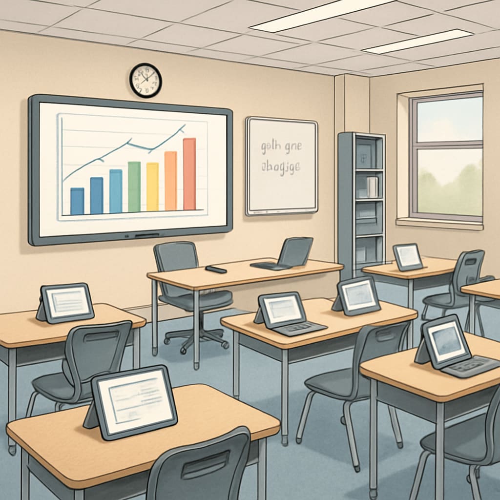 A classroom equipped with modern technology, demonstrating public schools' efforts to stay competitive against private institutions. Modern classroom showcasing public schools' innovations