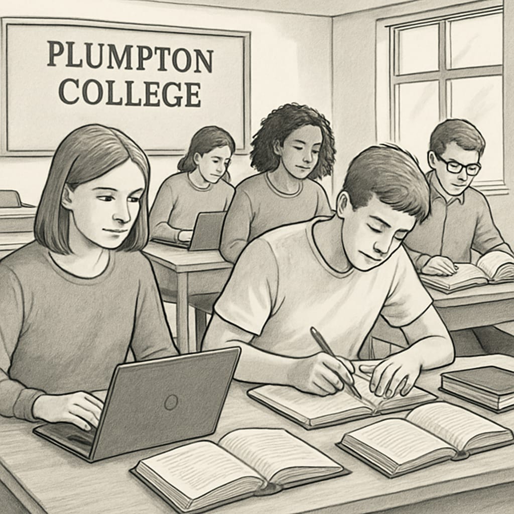 Students studying in a classroom at Plumpton College with books and laptops. Plumpton College classroom with students focusing on academic and practical learning.