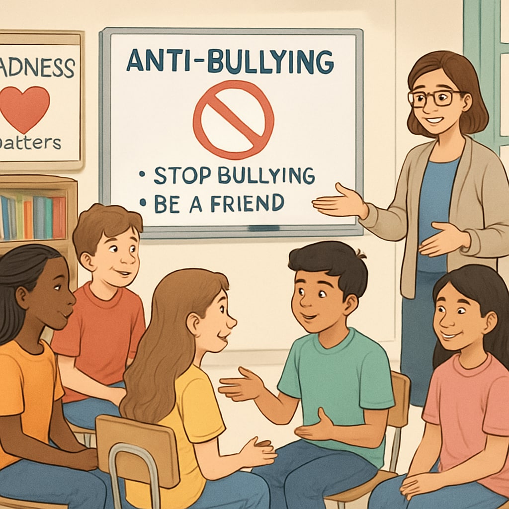 A group of students participating in an anti-bullying workshop, fostering awareness and inclusivity. Students in an anti-bullying workshop, promoting awareness of bullying management strategies.