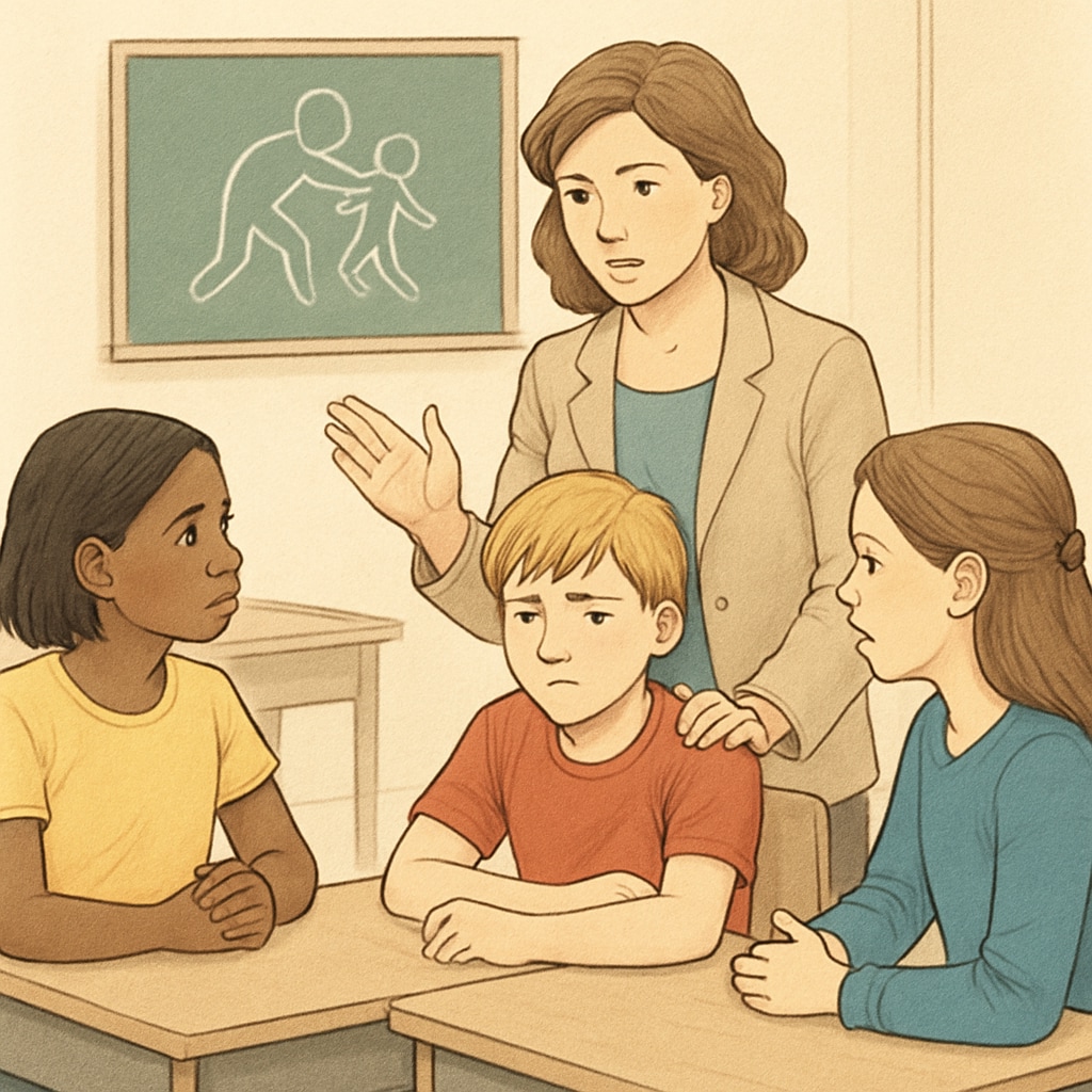 A teacher mediating a discussion between students to resolve a bullying incident constructively. A teacher guiding students through a constructive discussion on bullying resolution.
