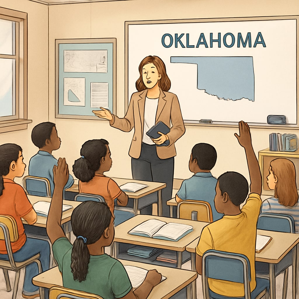 A public school classroom in Oklahoma with diverse students and a teacher delivering a lesson. Public school classroom in Oklahoma with diverse students and a teacher delivering a lesson.