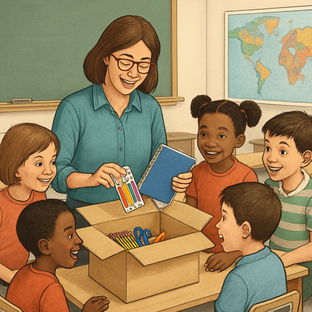 A teacher unpacking donated school supplies in a classroom, with students observing in excitement. A teacher receiving classroom donations, supporting education and teaching.