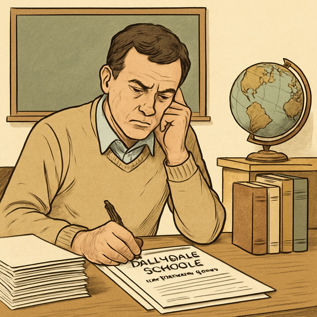 A concerned teacher filling out application forms for Oklahoma schools, reflecting on potential political screening policies. Teacher filling out application forms for Oklahoma schools, concerned about political screening policies.