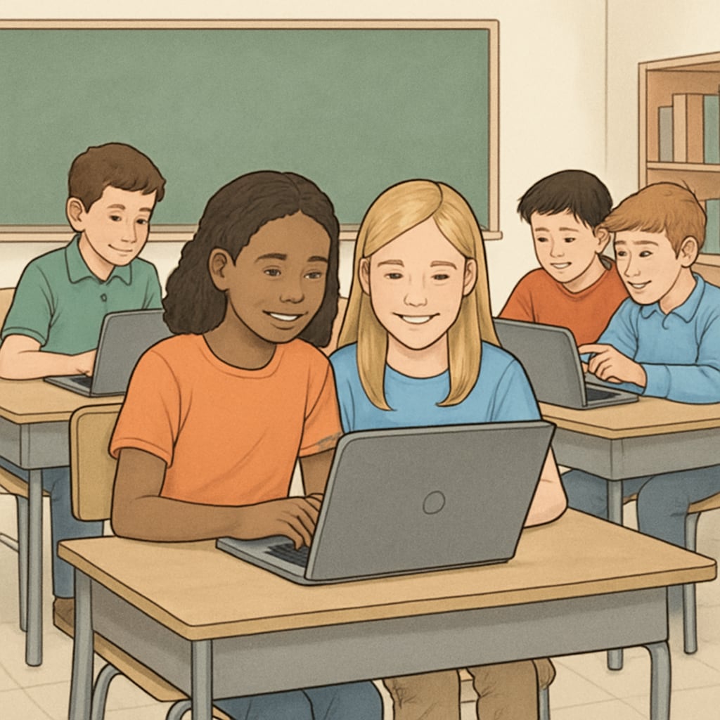 Students using donated laptops during a collaborative classroom activity. Students benefiting from donated teaching materials like laptops.