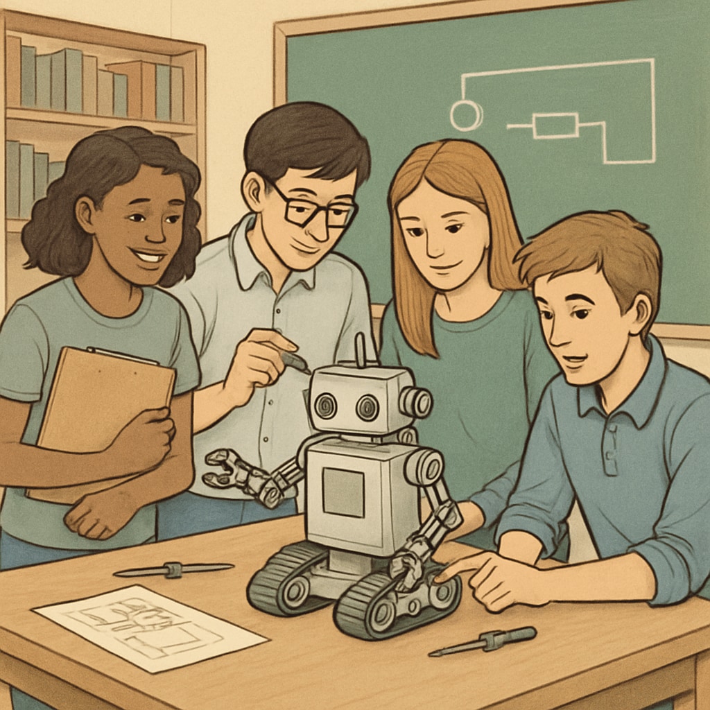 A group of students working on a robotics project, showcasing collaboration in engineering. Students collaborating on a robotics project, representing engineering careers.