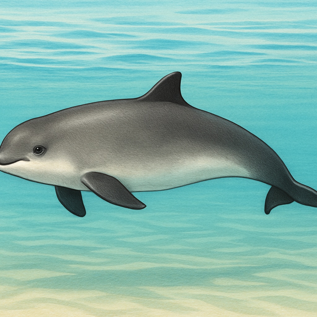 A high-resolution image of a porpoise swimming in coastal waters, showcasing its rounded head and distinctive dorsal fin. Porpoise swimming in coastal waters, showcasing rounded head and dorsal fin.