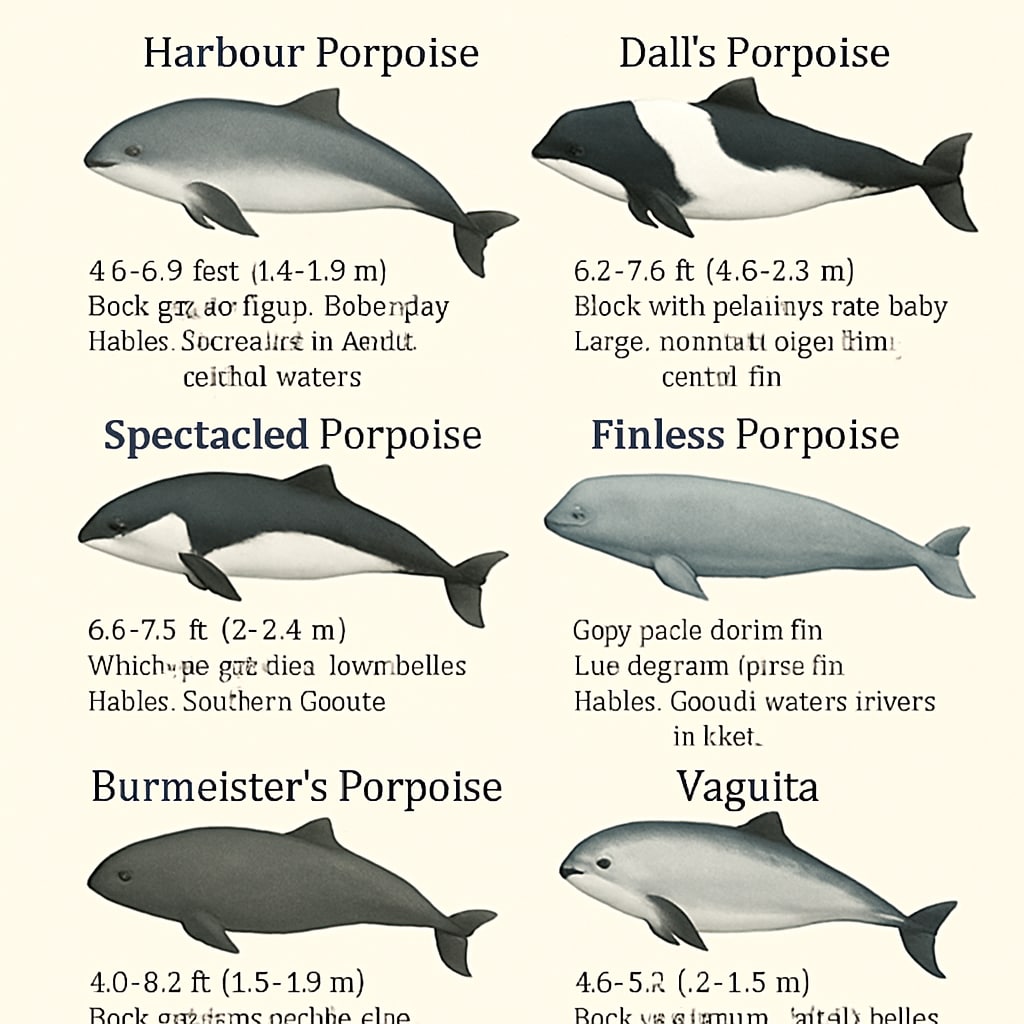 An infographic illustrating the six species of porpoises, with clear labels for physical characteristics and habitats. Infographic showing six porpoise species with labeled characteristics and habitats.