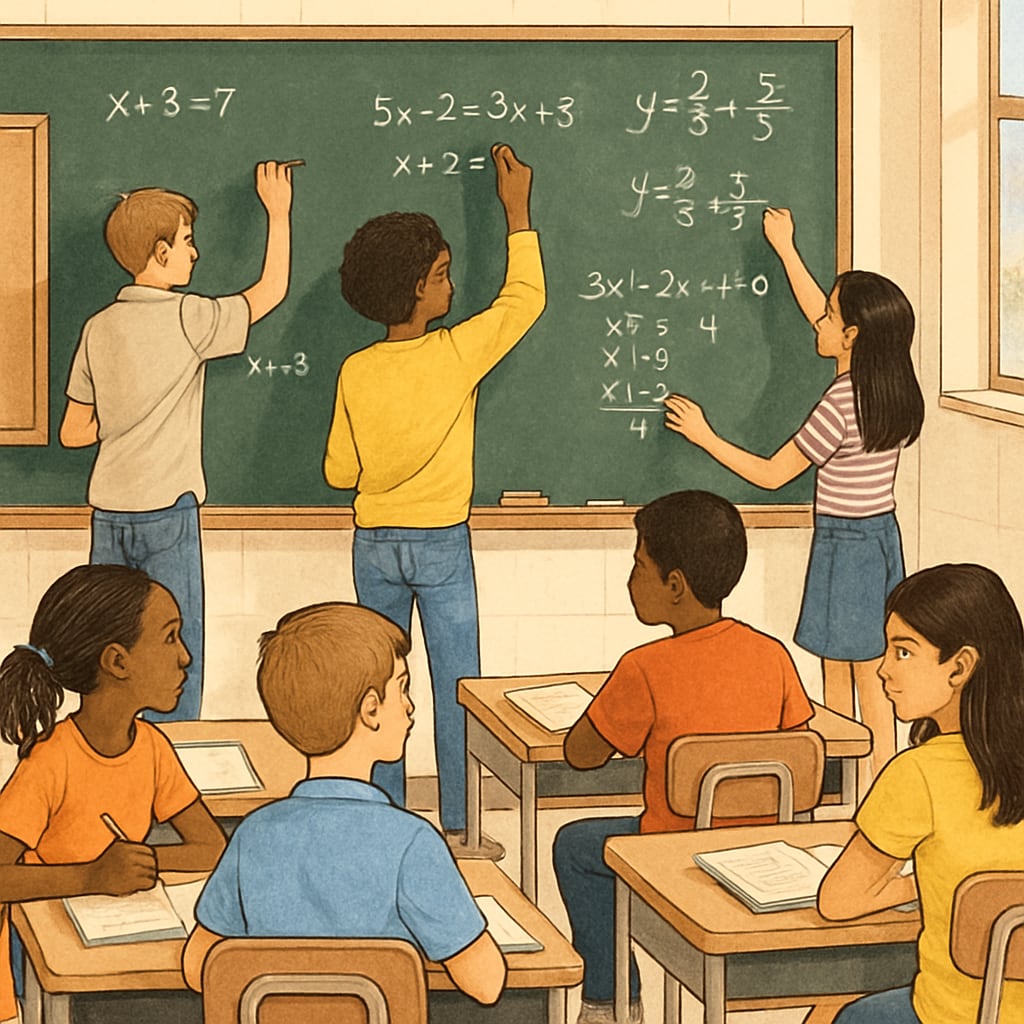 A dynamic classroom where diverse students are solving equations on the board, emphasizing inclusivity in mathematics education. Diverse students solving equations on a classroom whiteboard, focusing on high school math challenges.