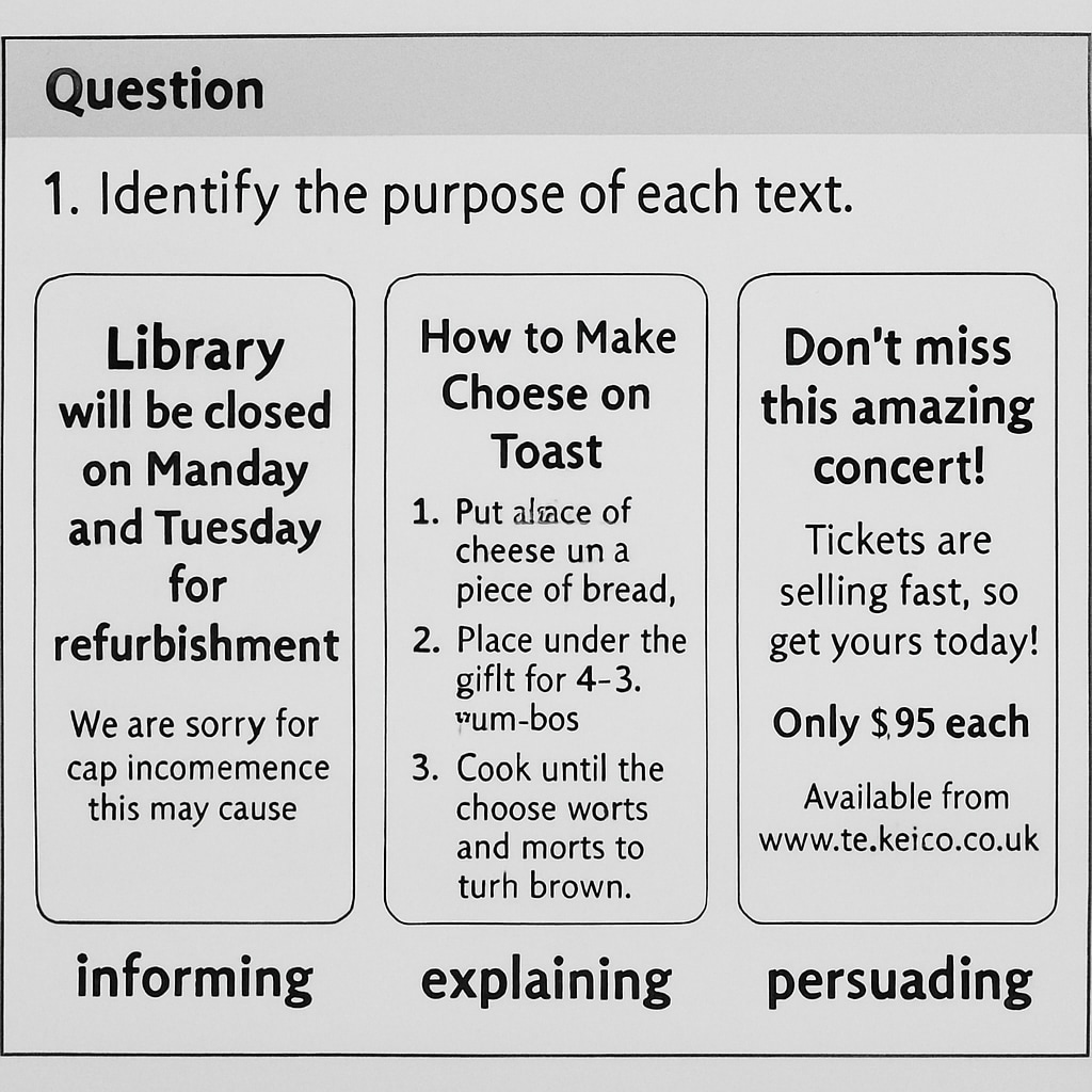 A sample exam question from a Functional Skills English reading test that focuses on identifying text purpose. The image should include text examples of informing, explaining, and persuading purposes. Functional Skills English exam question highlighting text purposes.