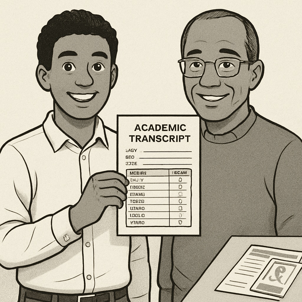 A student proudly holding their transcript, with a satisfied parent standing nearby, symbolizing resolution of financial conflicts. Student holding transcript after resolving unpaid tuition issues.