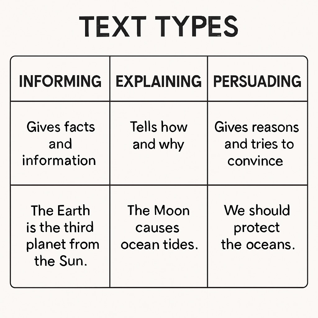 A diagram visually comparing informing, explaining, and persuading text types, with examples for each category. Diagram comparing text purposes for Functional Skills English reading.