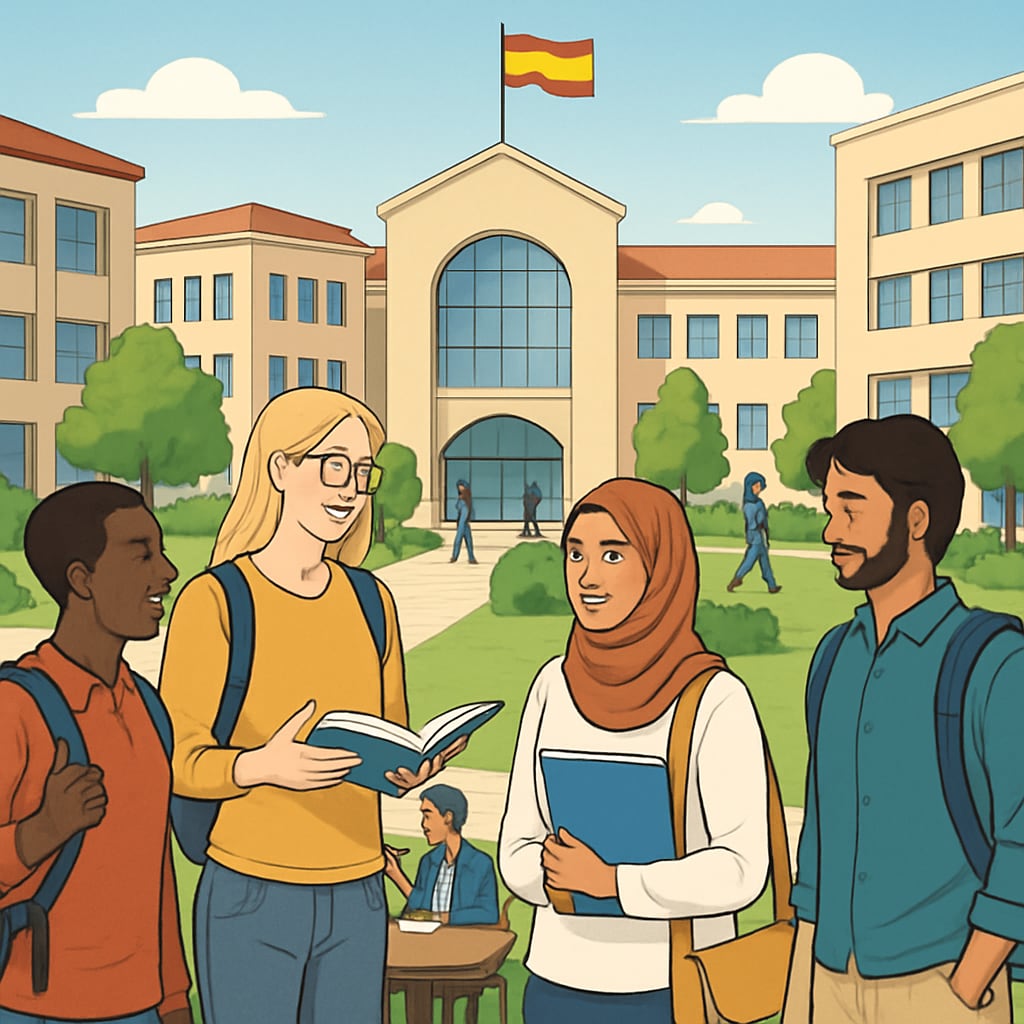 A vibrant university campus in Spain with international students interacting. The image depicts the diversity and inclusiveness of Spanish universities. International students at a university campus in Spain, highlighting cultural integration and academic excellence.