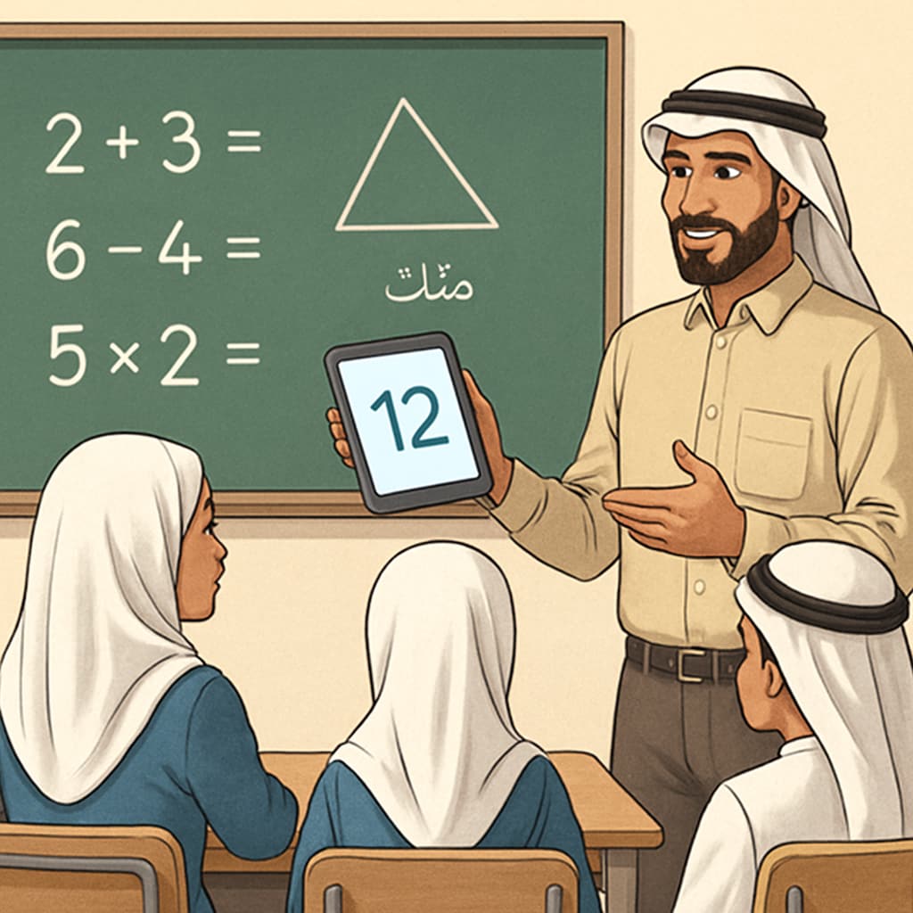 A teacher demonstrating math concepts to Arabic-speaking students using a tablet, showcasing technology integration in education. A teacher with Arabic-speaking students using a tablet to explain math concepts, representing innovative teaching.
