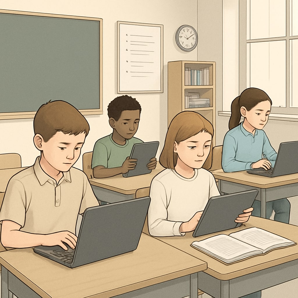 A modern classroom with students using tablets and laptops responsibly. Students in a classroom utilizing digital devices responsibly, promoting a balance between technology and education.
