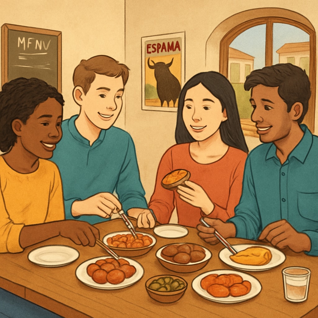 A group of international students enjoying Spanish tapas at a local restaurant. The image showcases the importance of cultural immersion for international students. International students in Spain enjoying tapas, symbolizing cultural adaptation and social integration.