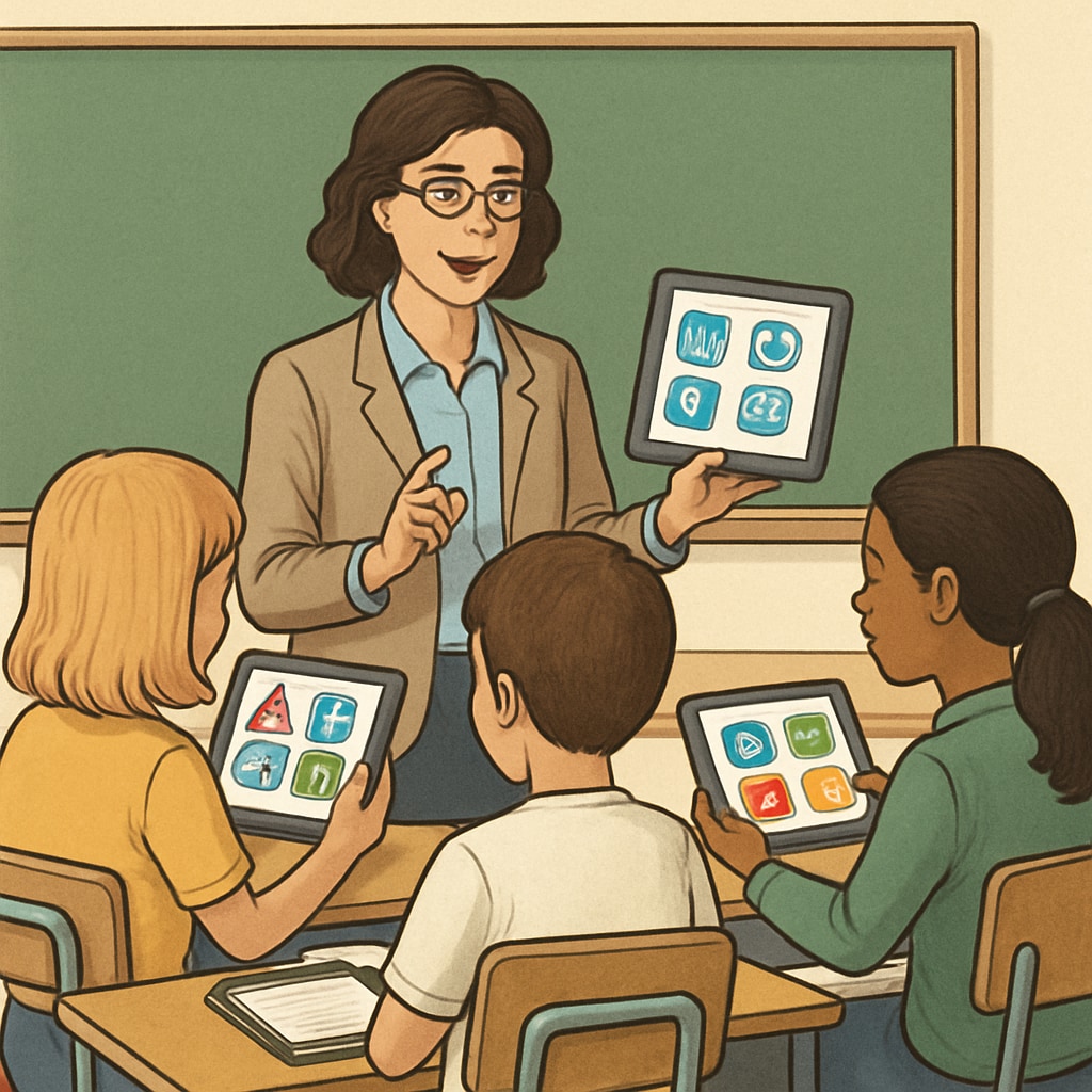 A teacher guiding students in using educational apps on tablets during a lesson. Teacher assisting students in a classroom setting with tablets, showcasing constructive use of technology in education.