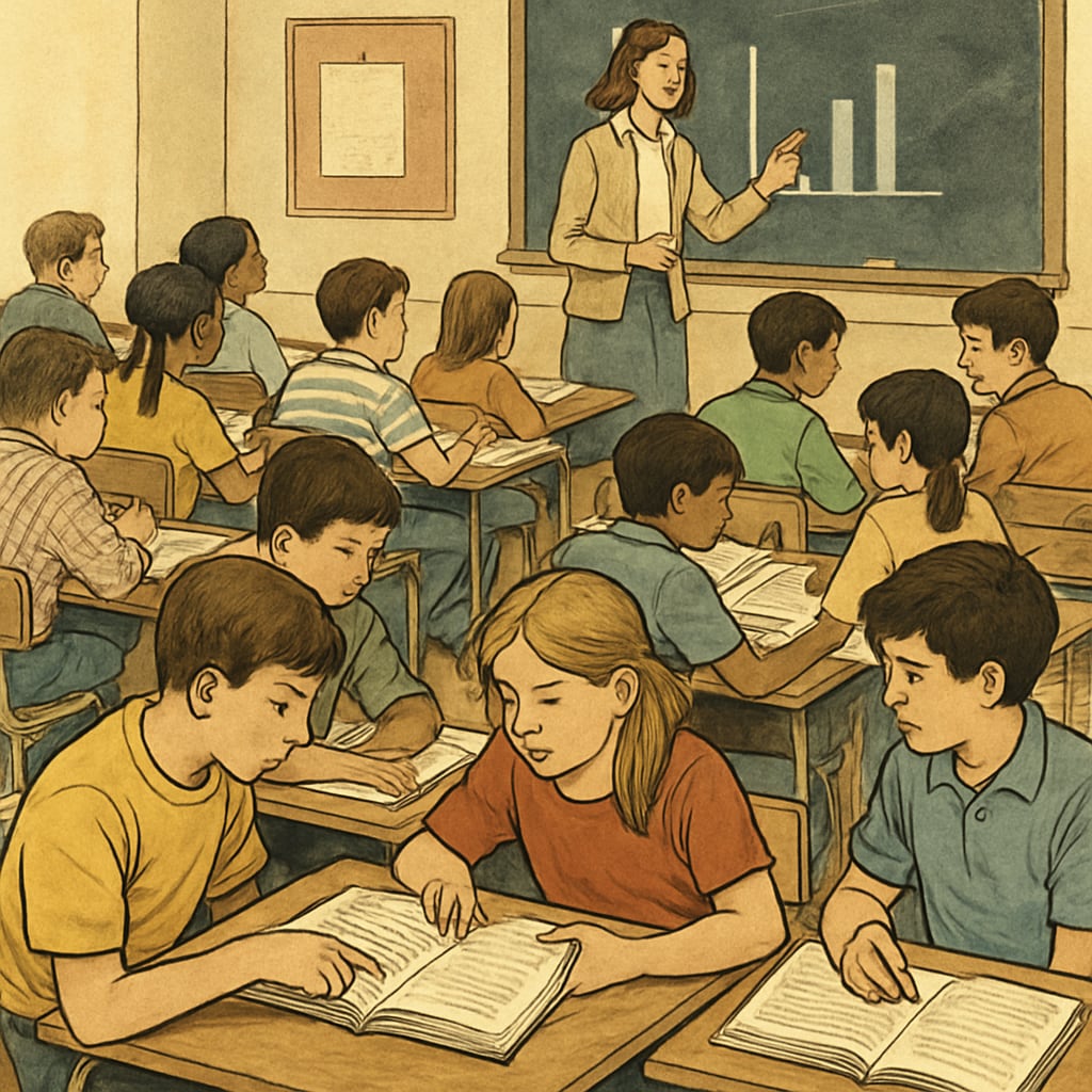 Students sitting in a crowded public school classroom, illustrating the impact of budget cuts. Public school students in a crowded classroom affected by budget cuts.