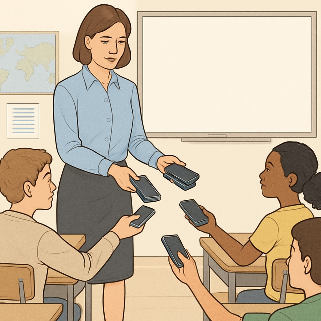 A teacher collecting smartphones from students before a lesson Teacher collecting smartphones from students to enforce phone ban, focusing on minimizing distractions in classrooms